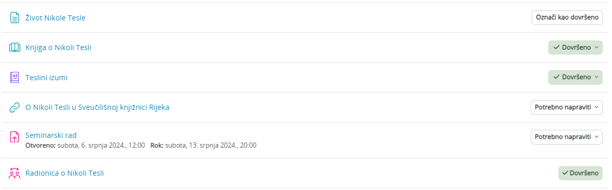 Prikaz rokova i uvjeta za dovršetak aktivnosti na naslovnici e-kolegija