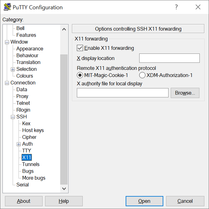 Korisničko sučelje aplikacije Putty za postavljanje grafičkog okruženja