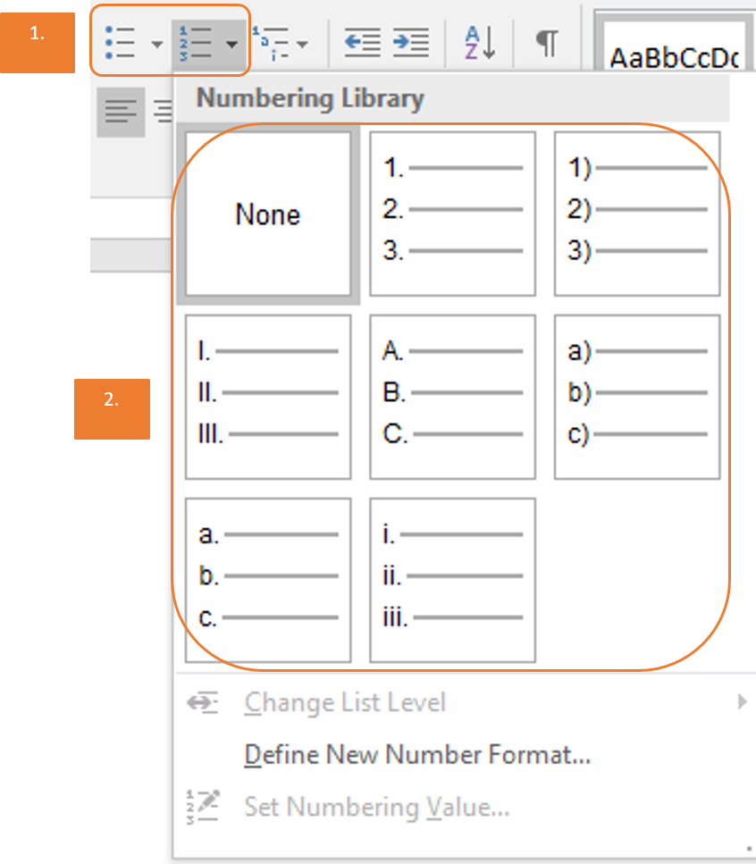 Prikaz numeracije za kreiranje liste ili popisa