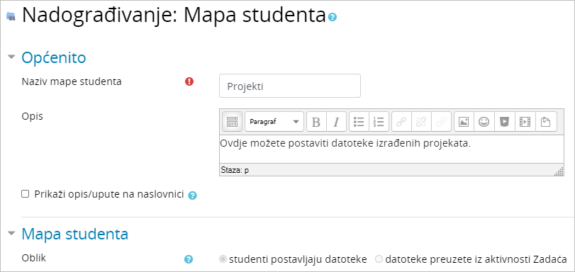 Postavke aktivnosti Mapa studenta