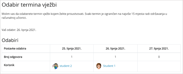 Primjer odabira s prikazom rezultata i imenima studenata nakon izbora