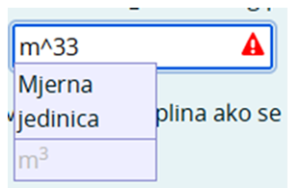 Prikaz neispravno upisane mjerne jedinice